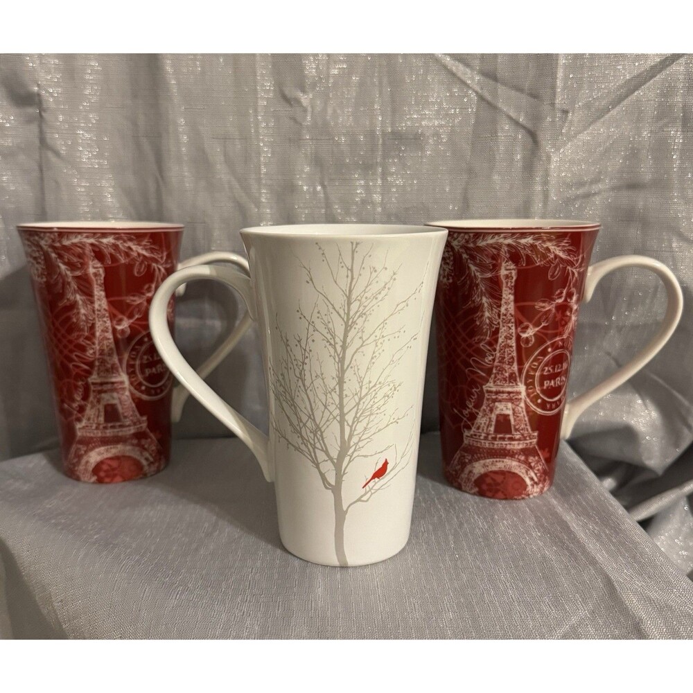 222 Fifth 2 "Joyeux Noel" Red Eiffel Tower Design & 1 Winter Cardinal Latte Mugs